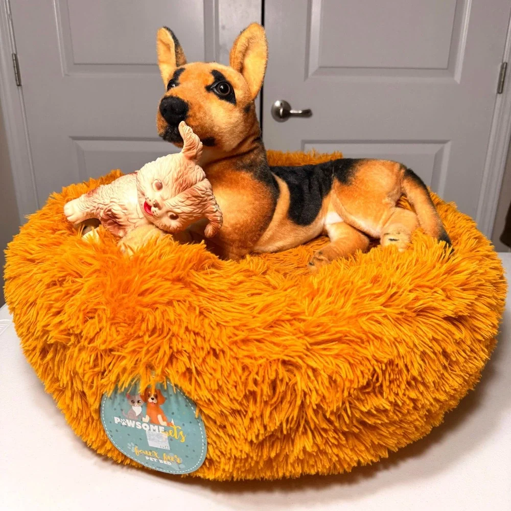 Pawsome Pets Cozee Faux Fur Calming Donut Pet Bed Yellow Orange 23